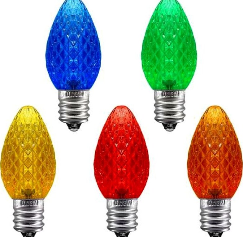 C7-style replacement bulbs for decorative lighting programs