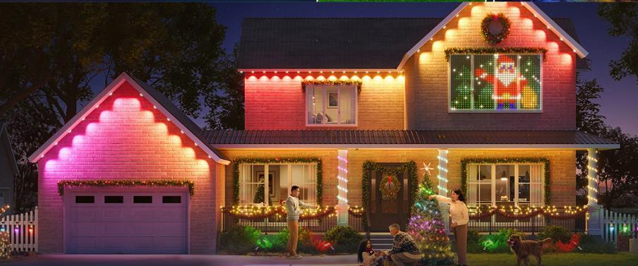 Outdoor decorative eave lights on a home